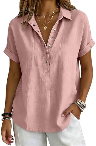 Organic Cotton Clothes Women Womens Linen Tops 2026 Summer Gauze Shirts Button Down V Neck Hemp Tunic Blouses Business Office Work Dressy Casual Clothes Beach Vacation Trendy Outfits for Seniors Pink