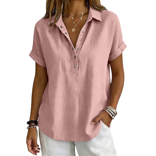 Organic Cotton Clothes Women Womens Linen Tops 2026 Summer Gauze Shirts Button Down V Neck Hemp Tunic Blouses Business Office Work Dressy Casual Clothes Beach Vacation Trendy Outfits for Seniors Pink