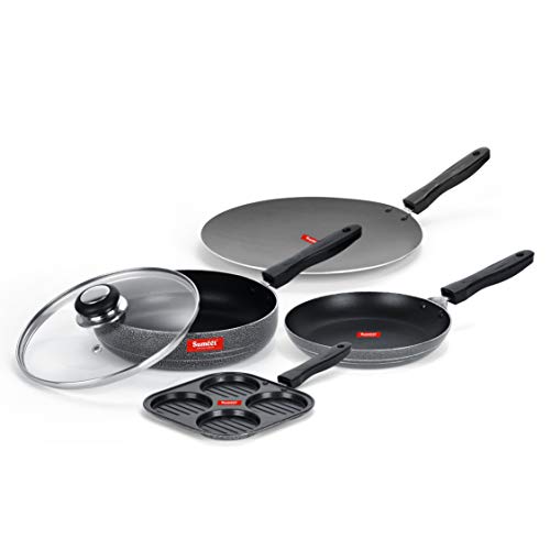 Image of Sumeet NonStick Musta Cookware Set (Mini Multi Snack Maker - 4 Cavity -19.5cm + Frypan with Glass Lid - 1.5Ltr - 22Cm Dia + Tapper pan - 0.6Ltr - 20Cm Dia + Conceve /Roti Tawa - 28Cm Dia)