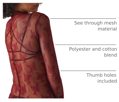 KMBANGI Women's Burgundy Lace Long Sleeve Top Layering Sheer Mesh by KMBANGI - Used condition - Image 2