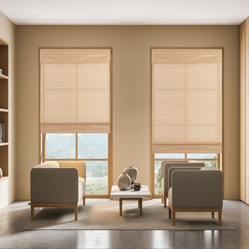 HousCa Blackout No Drill Roman Shades, Custom Cordless Bamboo Window Shades Window Blinds, Natural 100% Bamboo Shades for Windows, French Doors, Small Windows, Color 21