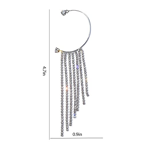 Rhinestone Long Tassel Earings, Bohemian Retro Tassel Long Dangle Chain Earrings Without Pierced Earrings, Dangle Ear Cuff Earrings Jewelry Gift For Grils (Silver) #TOP1