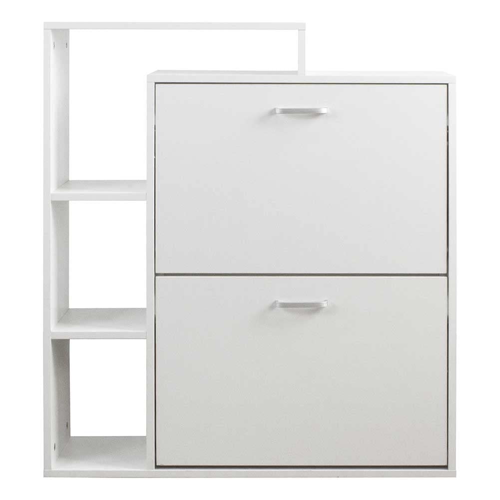 BAKAJI Slim Oszczędność miejsca na buty na buty z półką 4 półki drewniane MDF 2 drzwi z podwójną głębokością 80 x 24 x 90,5 cm nowoczesny design w kolorze białym