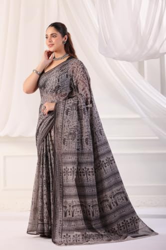 Image of TAMAIRA FASHION Off White Mulmul Pure Cotton Saree For Woman Warli Printed|Office Wear Daily Wear Sarees For Women Without Blouse Piece (Available in 21 Colours)