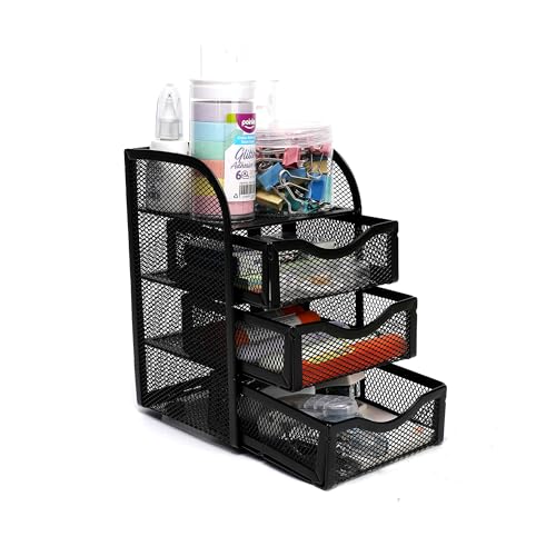 Image of Neomate 3-Drawer Metal Mesh Mini Desk Organizer with Top Tray | Multi-Purpose Stationery Storage for Home & Office | Black -13D x 12.5W x 20H cm