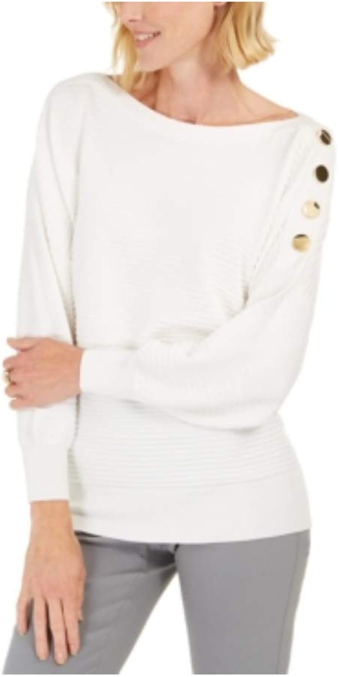 JM Collection ButtonSleeve Sweater, Winter White XXL at Amazon Women’s