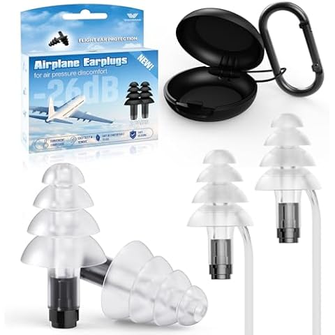 Ear Plugs for Airplane Ear Pressure Relief, 2 Pairs Kids 6+, Adults/Small Ear Canal Reusable Airplane Earplugs 26dB, with Silicone Connector Cord, Travel Essentials for Flying, Ear Protection Earplugs Cover