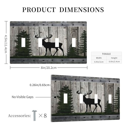 Decorative Light Switch Cover Plate Rustic Deer Elk Forest Grey Wood Board 4 Gang Wall Plate Oversized Quad Toggle Switch Cover Plate Jumbo Faceplate for Farmhouse Decor