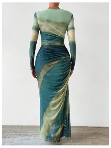Image of Womens Long Sleeve Maxi Dress Mesh Bodycon Spring Fall Formal Wedding Guest | Tie Dye Ruched Night Out Cocktail Party Long Dresses