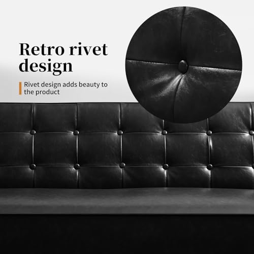 Image of Faux Leather Couch, Mid Century Modern Sofa with Memory Foam, Comfy 3 Seater Couch for Small Spaces, Living Room, Office, Black
