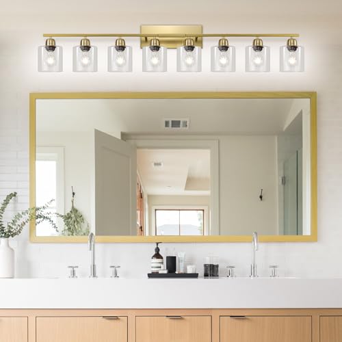 Image of Modern Brushed Gold 8 Light Bathroom Light Fixtures, 52 inch Vanity Lights for Bathroom with Clear Glass, Bathroom Light Fixture for Mirror Kitchen Living Room Hallway Cabinet Porch