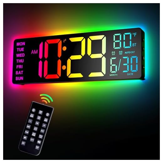 12" Digital Wall Clock for Classroom Livingroom Game Home Decor with LED Display RGB Lights, BIuetooth Sync, Dual Alarms, Auto DST, Countdown, Remote Control, Temperature