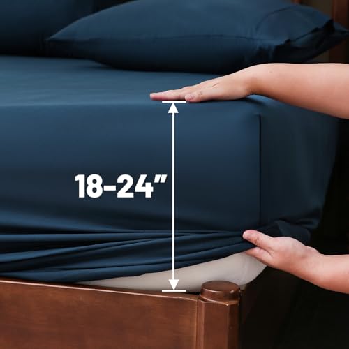 Image of Extra Deep Pocket Queen Sheets 18-24 Inch 100% Egyptian Cotton 1000 Thread Count Sateen Weave Soft Breathable 4 Pieces(Queen,Navy)