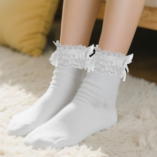 2 Pairs Lace Ruffle Socks, Cute Satin Bow Frilly Socks Comfortable Cotton Ankle Sock for Women Girls (Black and White)4