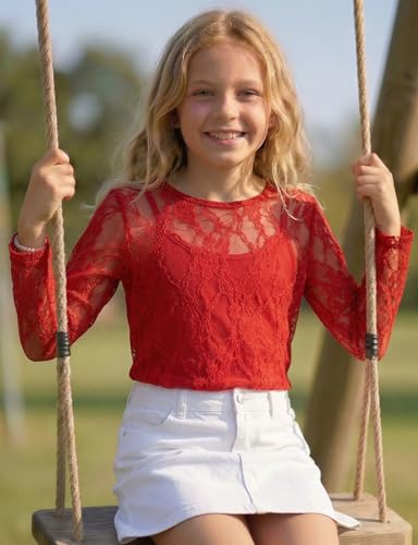 Image of Noomelfish Girls Lace Layering Tops Sheer Mesh Tee Shirts Blouse (5-12 Years)