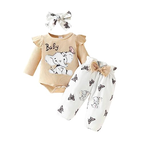 Generisch Vêtements de marque pour bébé fille tout-petit fille manches longues côtelé imprimé dessin animé barboteuse body pantalons bandeaux tenues pantalon...