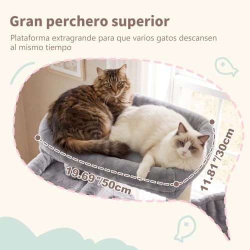 Heybly Cat Tree, 180 cm-Tall Tower for Indoor Cats with 2 Perches, 2 Big Condos, 2 Hammocks, Basket, Scratching Pad, Large Cat Furniture and Condo, Light Grey HCT034W - 3