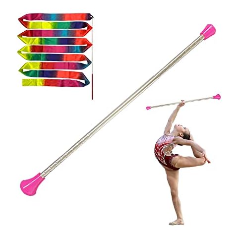 Dasiyoki 26-inch Twirling Baton Spinning Dance Baton Metal Rhythmic Gymnastics Conducting Batons for Child in Majorette-Complete with 1 Dance Ribbon Rainbow Streamer (Pink,1 Pack) Cover