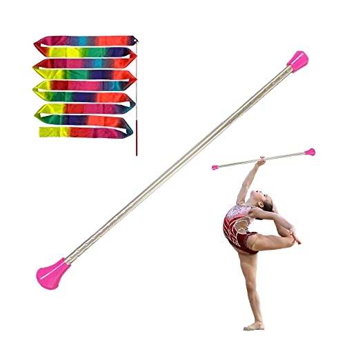 Dasiyoki Bacchetta da 66 cm, in metallo, per danza ritmica, ginnastica, dirigenza ritmica, per bambini, completa di 1 nastro da ballo arcobaleno Streamer (rosa, 1 confezione)