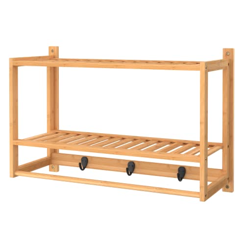 Closetmaid 10000-02529 Bamboo Wall Shelf With Towel Bar, 3 Hooks, Wall Mount Storage Shelves, 2 Tier, Organizer Rack thumb #3