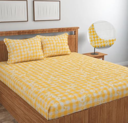 Image of NHD HOME Premium Cotton Elastic Fitted Bedsheets with 2 Pillow Covers Double Bed All Around Elastic Supersoft Size - 72 x 78 +10 inches Beige & Pink 200 tc - 220 tc