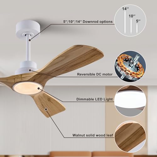 Image of QUTWOB 42 inch Wood Ceiling Fan with Light, Reversible DC Motor, Remote Control
