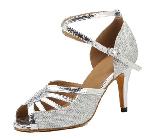 Chaussures Modern Jazz Femme Argenté talon 8.5cm paillettes argent pour danseuse taille 37 1/3