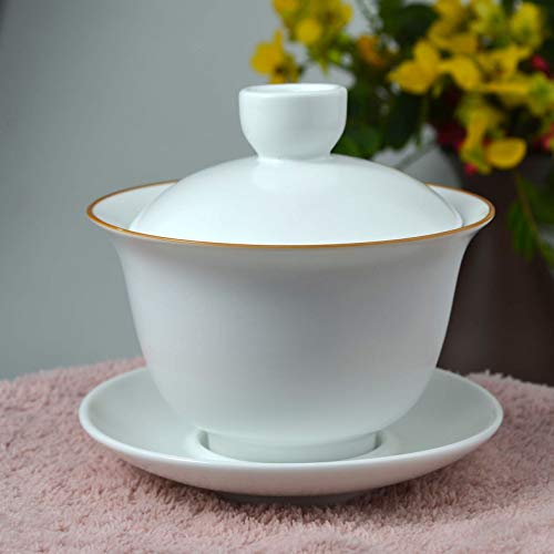 Image of Liang baobao Gaiwan 8oz Porcelain Teacup White Glazed with Golden Rim Tureen Chinese Gongfu Tea Cup Sancai Cover Bowl Lip Cup Saucer Set (Auspicious clouds)