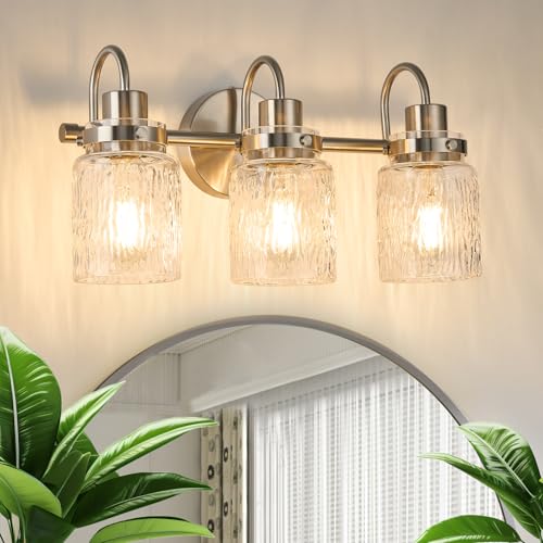 Image of 3 Lights Hammered Glass Bathroom Vanity Light,Brushed Nickel | Easy Installation,Up or Down,Farmhouse Modern Style,E26 Socket,ETL Certification
