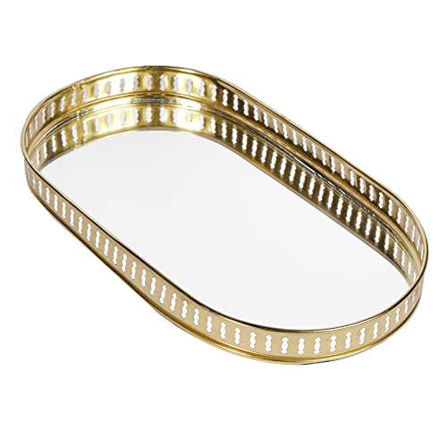 Image of Craft Brio -A TRENDY HANDICRAFTS Oval Glass Mirror Gold Plated Serving Tray Decorative Diwali Gifting Vanity Perfume Storage Pooja Wedding Gifting Trays (28 X 16 cm)