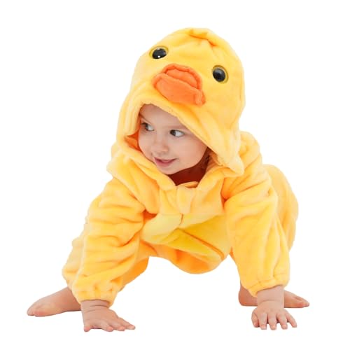 LONULAIN Unisex Baby Animal Costume Pajamas, Infant Flannel Hooded Halloween Romper Cosplay Costume/Homewear/Sleepwear (Duck,12-18 Months)