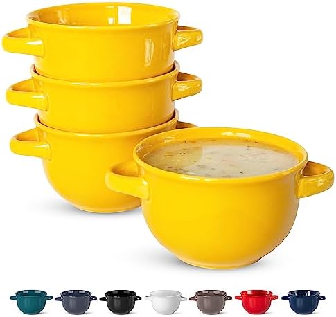 KooK French Onion Soup Crocks with Handles, Ceramic Bowls, for Rice, Dessert, Pasta, Dishwasher, Microwave, Oven & Broil Safe, Set of 4, 18 oz (Yellow)