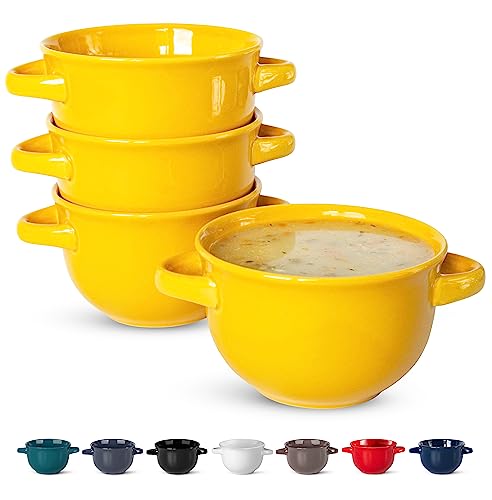 Kook French Onion Soup Crocks With Handles, Ceramic Bowls, For Rice, Dessert, Pasta, Dishwasher, Microwave, Oven & Broil Safe, Set Of 4, 18 Oz (Yellow) #TOP19