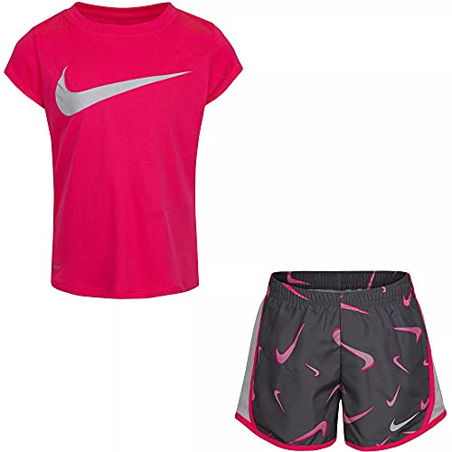 Image of Nike Little Girls' Dri-Fit Swoosh All Over Print T-Shirt and Shorts 2 Piece Set (Grey(26H664-M19) /Pink, 24 Months)