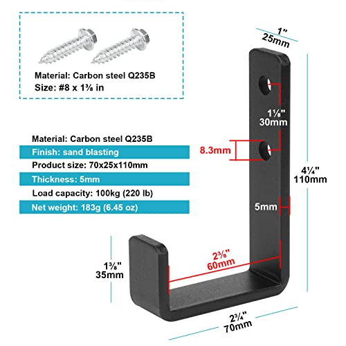 TSSS 4 Stück Ladekapazität 100KG schwerlast Wandhaken J Form, Schwarz Stahl Universalhaken zum Aufhängen von Heim Sportgeräten Hanteln Artikel Wandhalterung