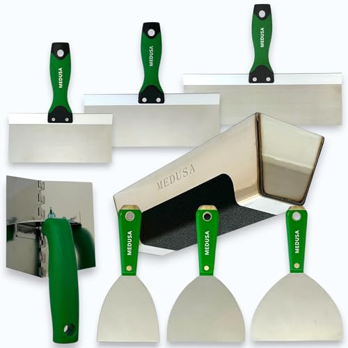 MEDUSA S.S. Drywall Taping Tool Set with Blades, Pan with Grip, Adjustable and reversible S.S. Angle Tool