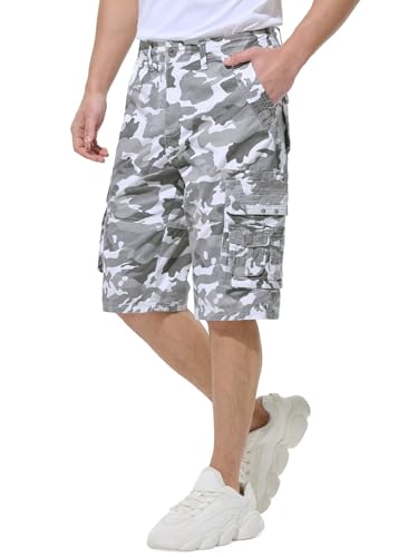 BEST SOUTH Men's Capri Long Twill Cargo Shorts Below Knee 13 Inches Cotton Relaxed Fit Casual Multi-Pocket, White Camo, 32