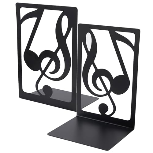Framendino, 2 Pack Musical Note Bookend Heavy Duty Books Support Decorative Black Metal Book Ends for Shelves