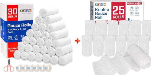 AZEN 30 Pack Gauze Rolls Bandages, 4 in x 4.1 Yards & 25 Pack Krinkle Gauze Rolls, 4 in x 3.2 Yards miniatura 1