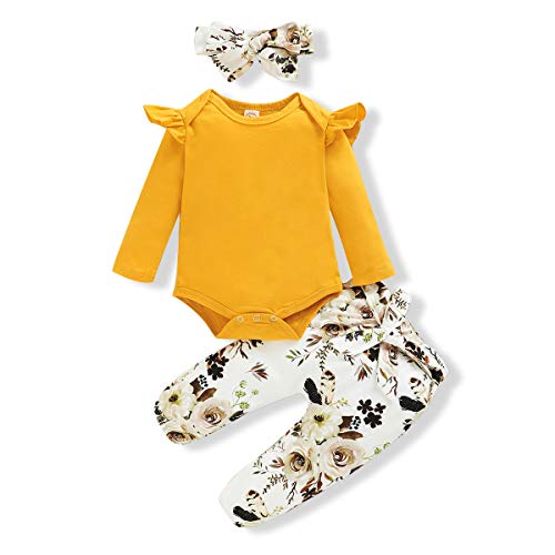 Newborn Baby Girl Clothes Infant Romper Ruffles Onesies Floral Pants Outfits Cute Toddlero Girls Clothing Set Baby Clothes 0-3 Months Girl Yellow