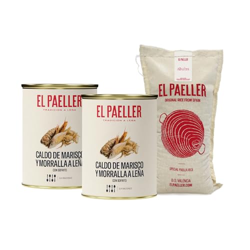 EL PAELLER - Caldo de frutos do mar a lenha arroz albufera D.O. Valencia | Pacote completo para paelas, macarrão e guisado, 2 latas (2 L) saco de 500 g de arroz