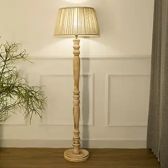 KAPOOR E-ILLUMINATIONS Siemon Wood Single Light Floor Lamp with Cotton Pleated Beige Lampshade for Living Room Corner, Study Room, Bedroom, Hotel, Office (Distress White, 62 Inches Height)