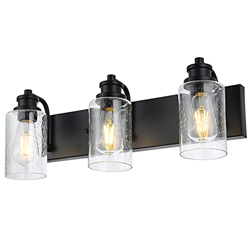 Image of 3 Lights Black Vanity Light Fixtures Over Mirror with Seedy Glass Shade,Industrial Wall Mount Lamp Metal Bathroom Lighting