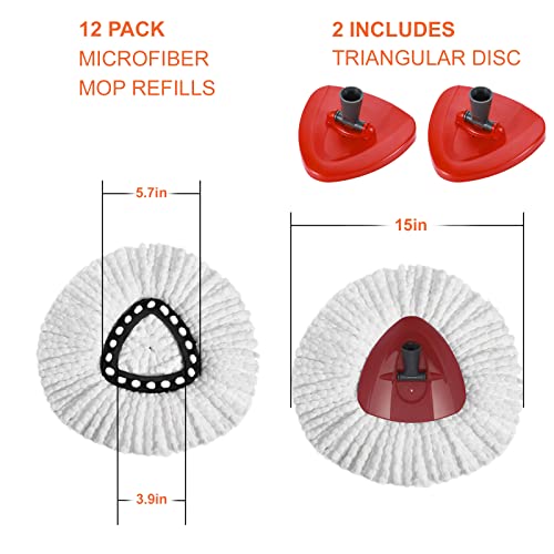 12 Pack Mop Replacement Heads Compatible For Easywring Rinseclean Triangle Spin Mop 1 Tank System, Microfiber Spin Mop Refills, With 2 Swivel Mop Bases,Easy Cleaning Mop Head Replacement #TOP2