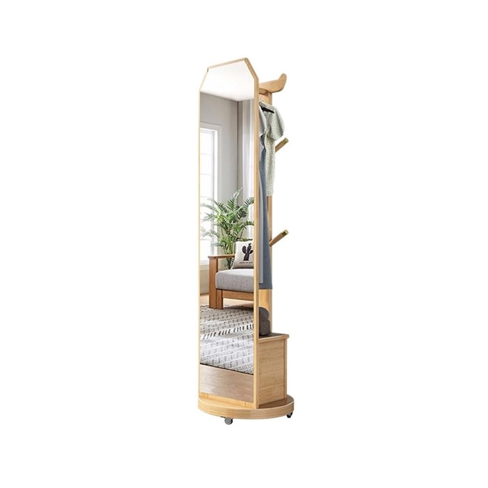 AILIUXIAOYAN Coat Rack Solid Wood Floor Coat Rack Clothes Hanger with Drawer Storage Cabinet Rack Entrance Porch Floor Clothes Hanger Removable Full-body Mirror(Wood)