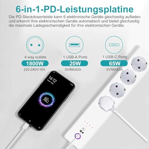 Jinvoo Steckdosenleiste, USB-C 65W, 1700J &Uuml;berspannungsschutz-Mehrfachsteckdose, Steckdosenverteiler mit 1,5 m wei&szlig;em Verl&auml;ngerungskabel, Office Home-Steckdose, &Uuml;berlastschutz,3000W,16A