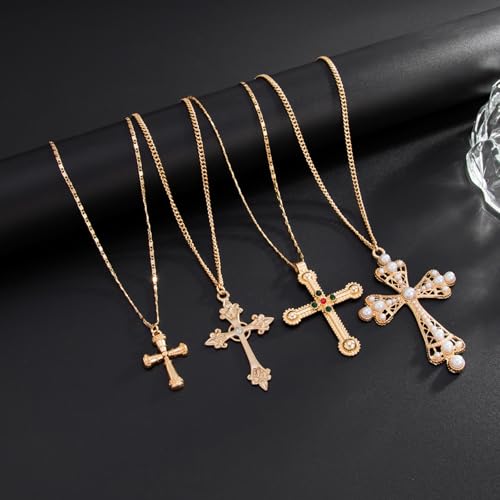 4Pcs Chunky Cross Necklace for Women Gold Statement Big Cross Pendant Necklace Pearl Cross Layered Chain Necklaces Set Punk Grunge Y2K Jewelry4