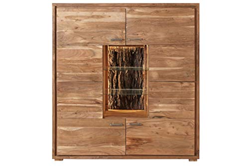 SAM Highboard Kati 1, Akazienholz massiv & stonefarben, Hochschrank mit 4...