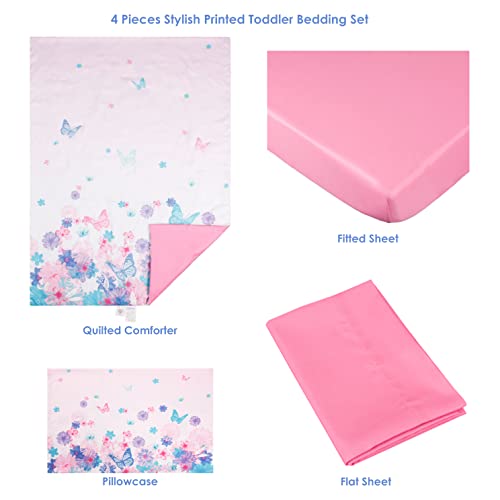La Premura 4-Piece Toddler Bedding Sets For Girls, Bed-In-A-Bag Toddler Comforter Set, Includes Flat Sheet, Fitted Sheet, Comforter, And Reversible Pillowcase, Standard Toddler Bed Set, Pink Butterfly #TOP3
