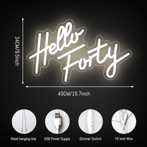 Image of Hello Forty Neon Sign 40th Birthday Party Decorations Neon Signs Hallo Forty Party Favors LED Neon Lights Gift for Him /Her